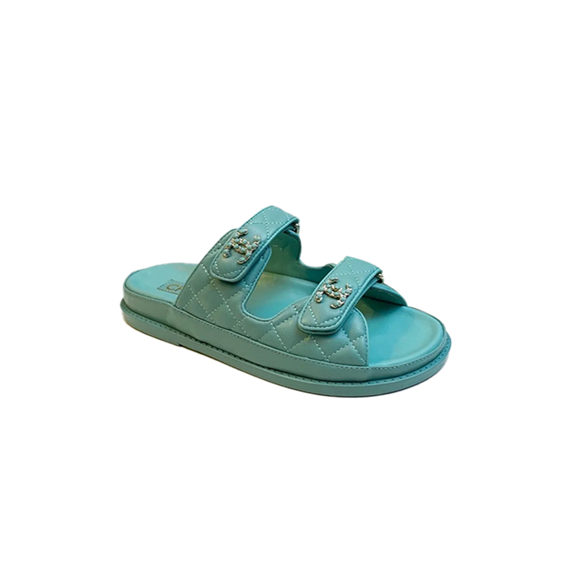 CHANEL LAMBSKIN QUILTED VELCRO DAD CHAIN CC SLIDE SANDALS 